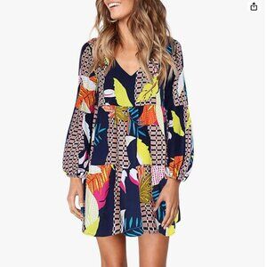 Vibrant Geometric and Leaf Print Tunic Dress Long Sleeve V Neck Flowy Loose